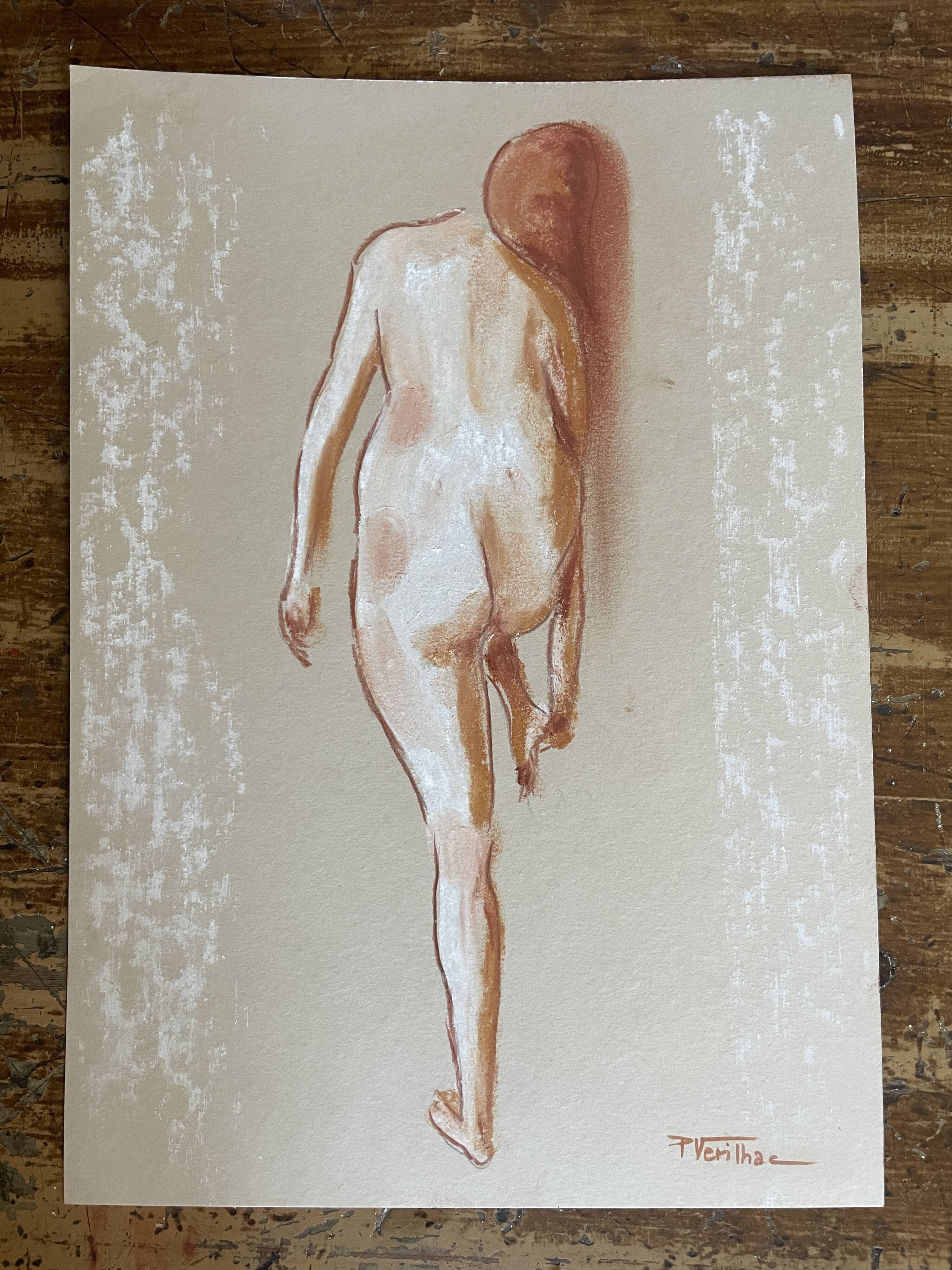 Signed pastel painting of a woman "light at the exit of the bath"