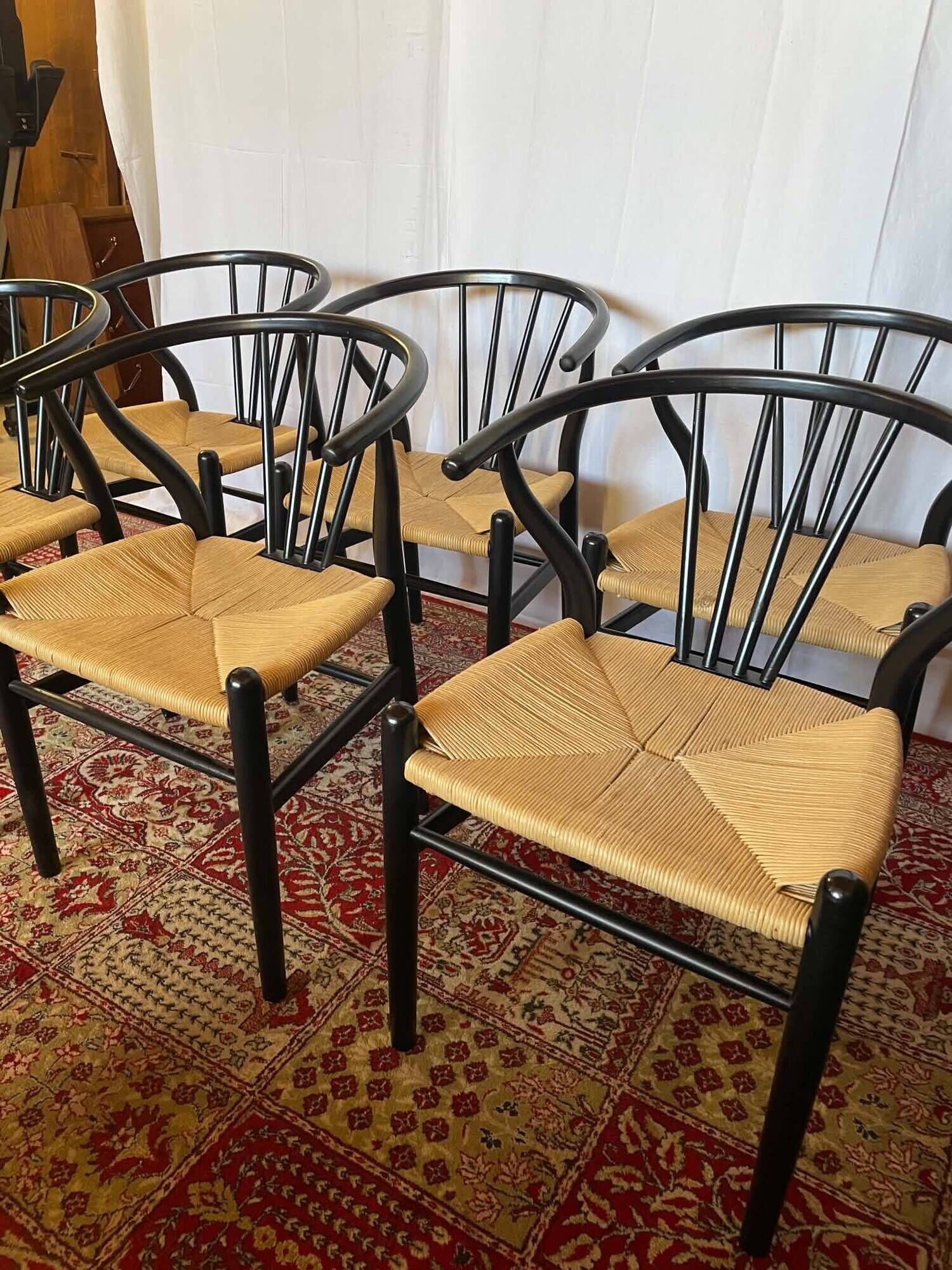 Set of 6 black wooden chairs with straw seats – Bistro style
