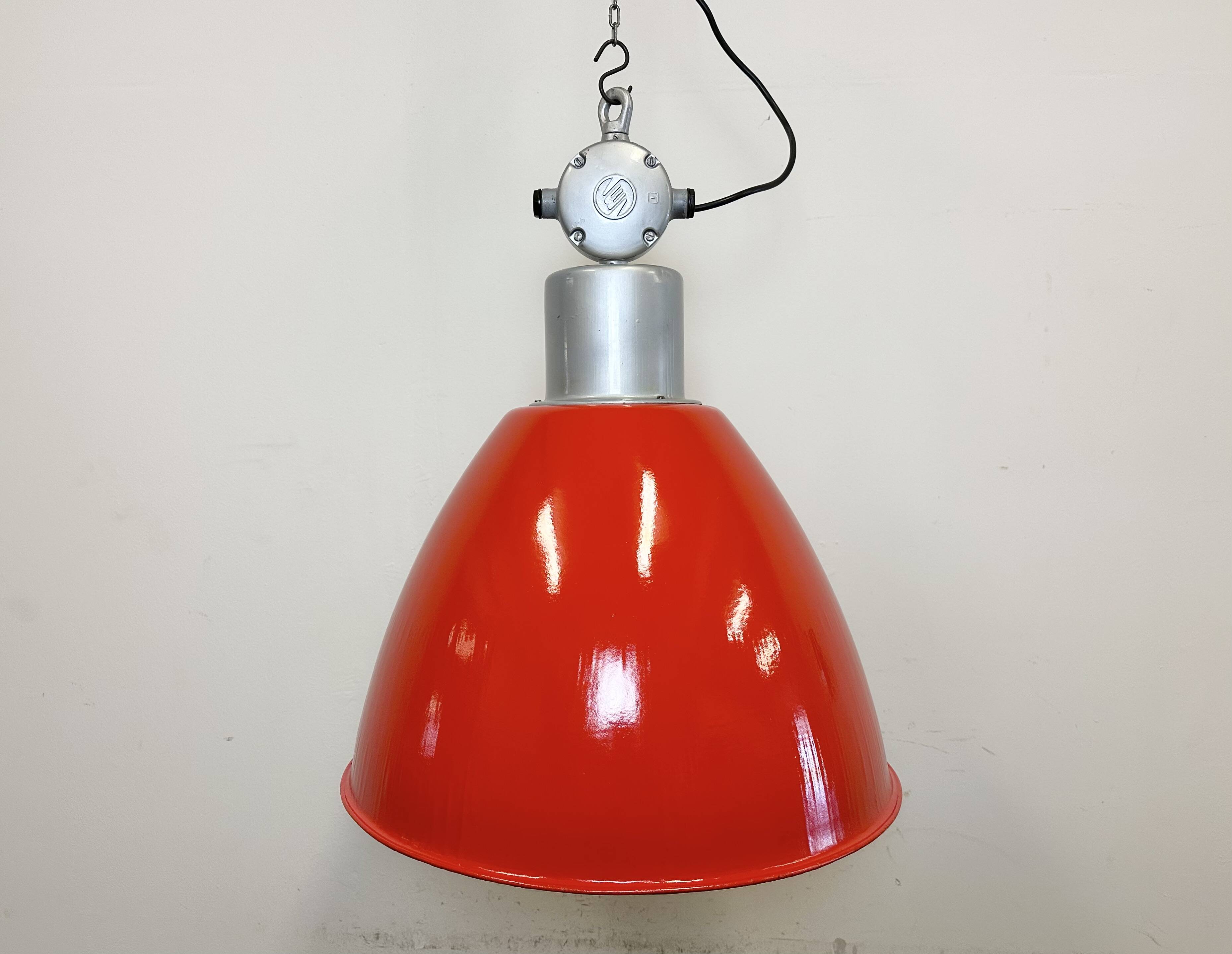 Large Red Painted Industrial Factory Lamp from Elektrosvit, 1960s