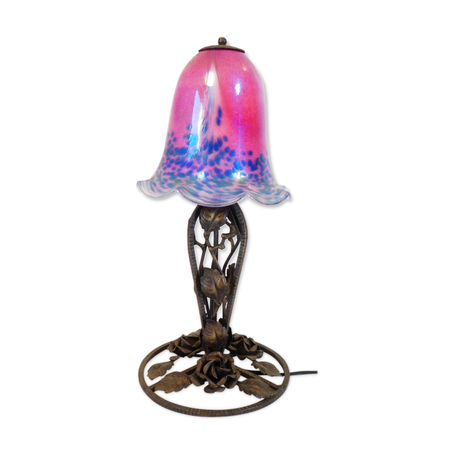 Art deco wrought iron lamp and speckled glass tulip