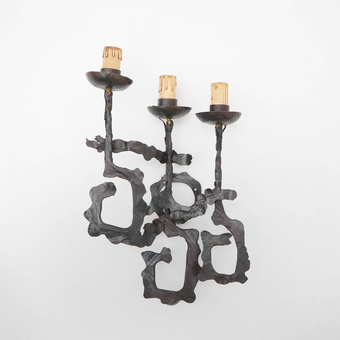 Pair of Brutalist wrought iron wall lamps, 1960s
