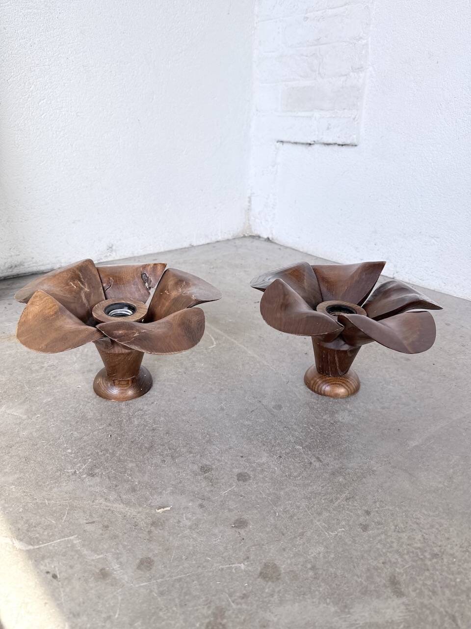Pair of wooden flower wall lights from the 1970s.