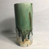 Vase rouleau ancien céramique émaillée vert