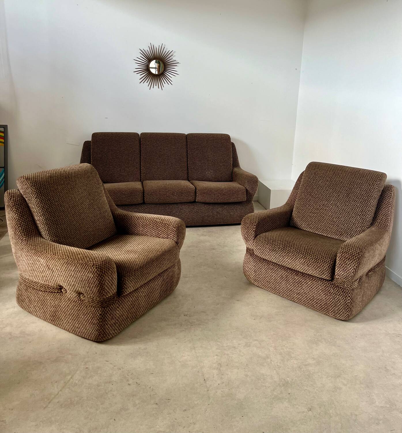 Old 3-seater sofa and vintage armchairs in French designer fabrics from the 70s, Beka brand