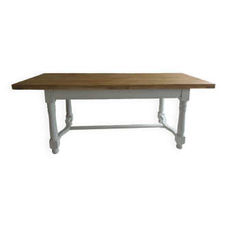 Farm table, pearl grey patinated base, polished wood top.