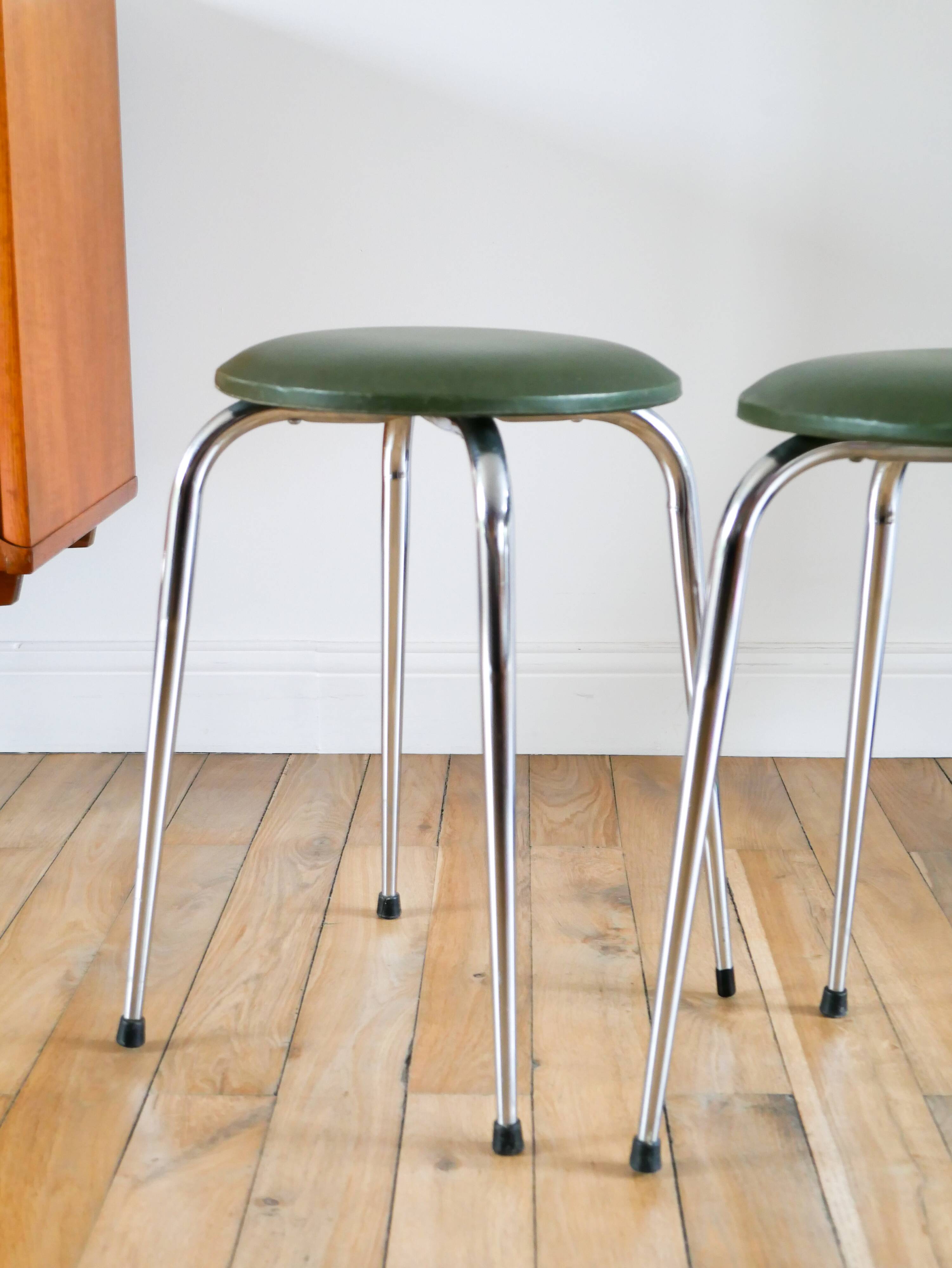 Pair of stools in chrome and bottle green skai, Made in France, Registered Model, 1970