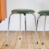 Pair of stools in chrome and bottle green skai, Made in France, Registered Model, 1970