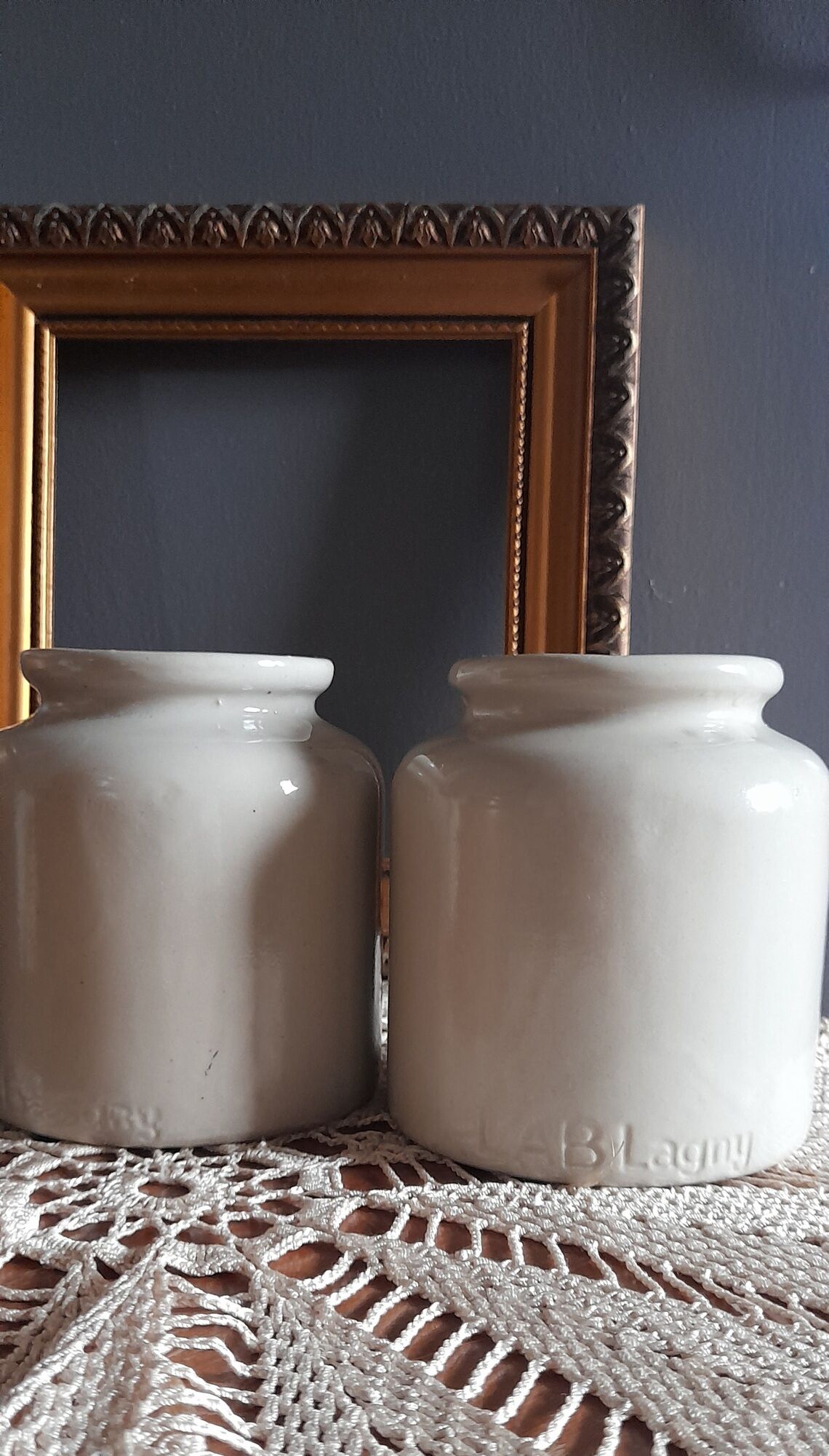 4 old stoneware mustard pots, lab Lagny, vintage France circa 1950/1960