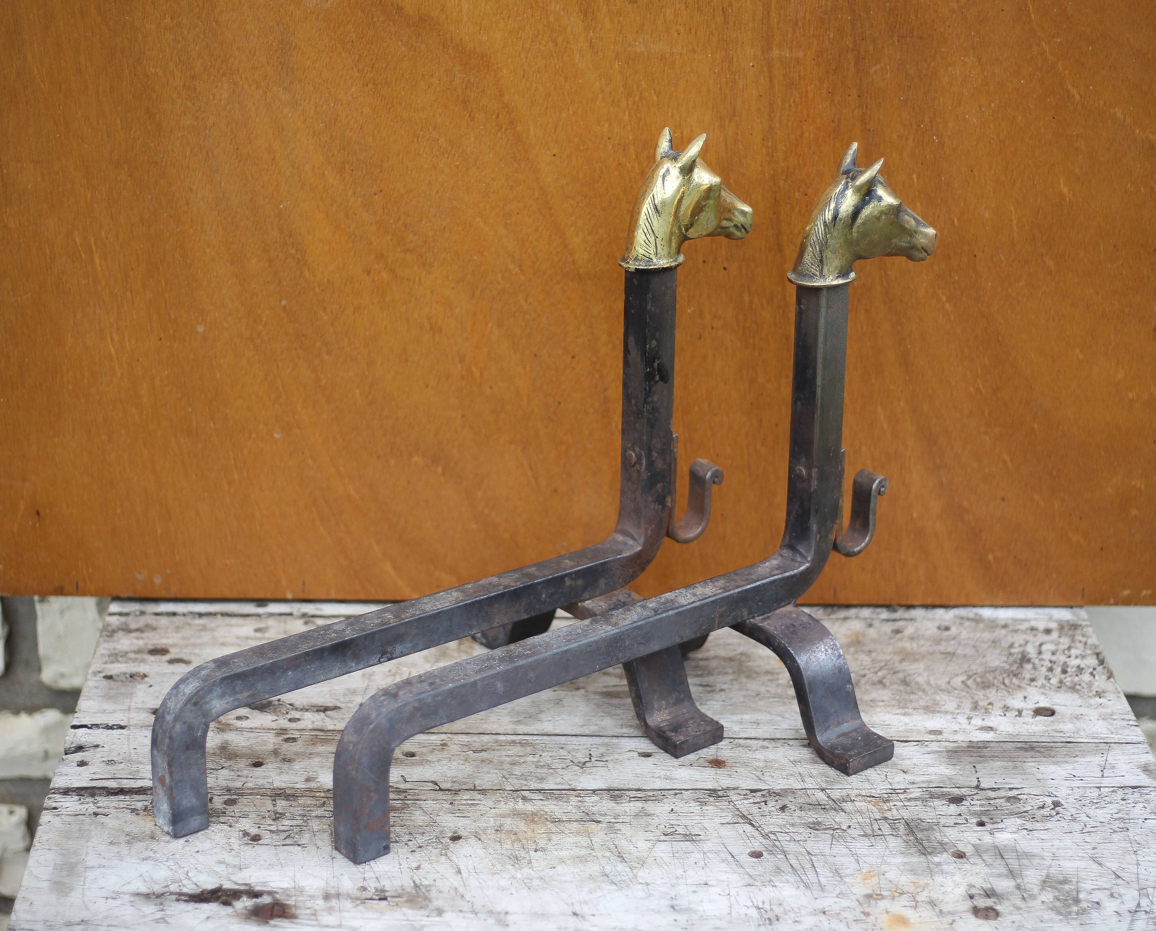 Vintage fireplace andirons, pair of cast iron animal andirons, brass horse head