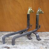 Vintage fireplace andirons, pair of cast iron animal andirons, brass horse head
