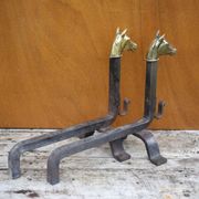 Vintage fireplace andirons, pair of cast iron animal andirons, brass horse head