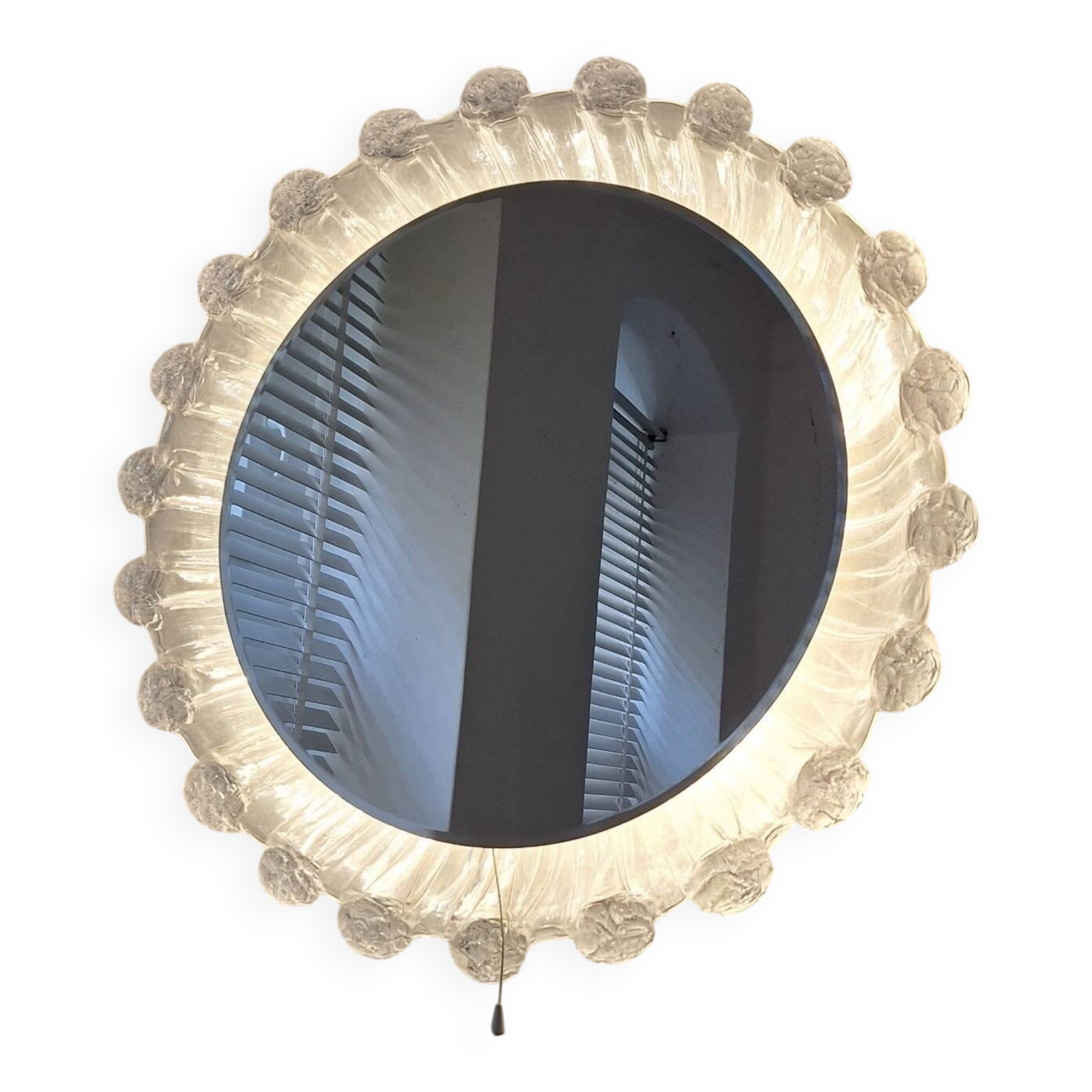 Large circular Boho wall lights with mirror in melted ice acrylic, 1970s