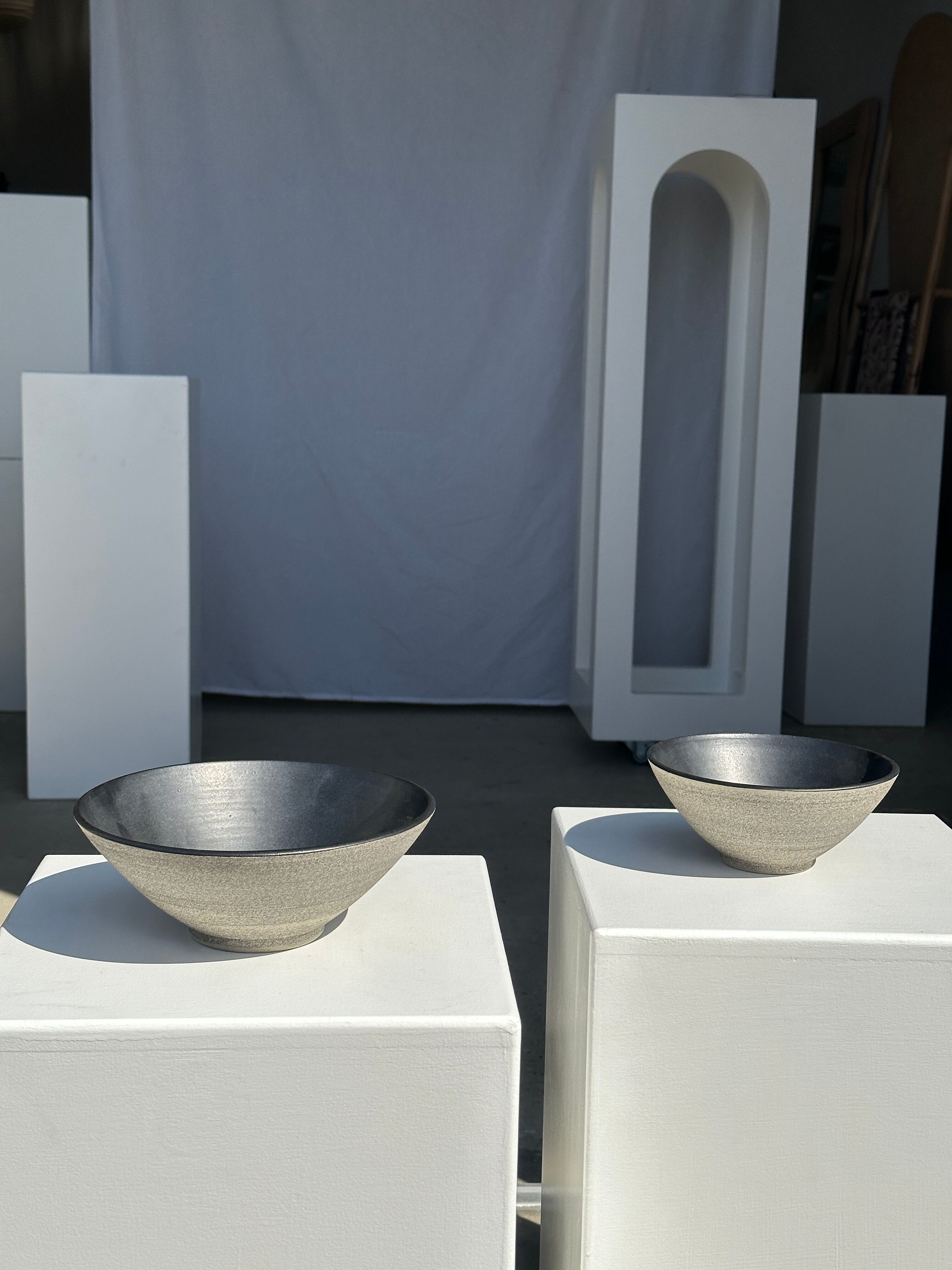 Duo of gray Indonesian ceramic bowls or salad bowls