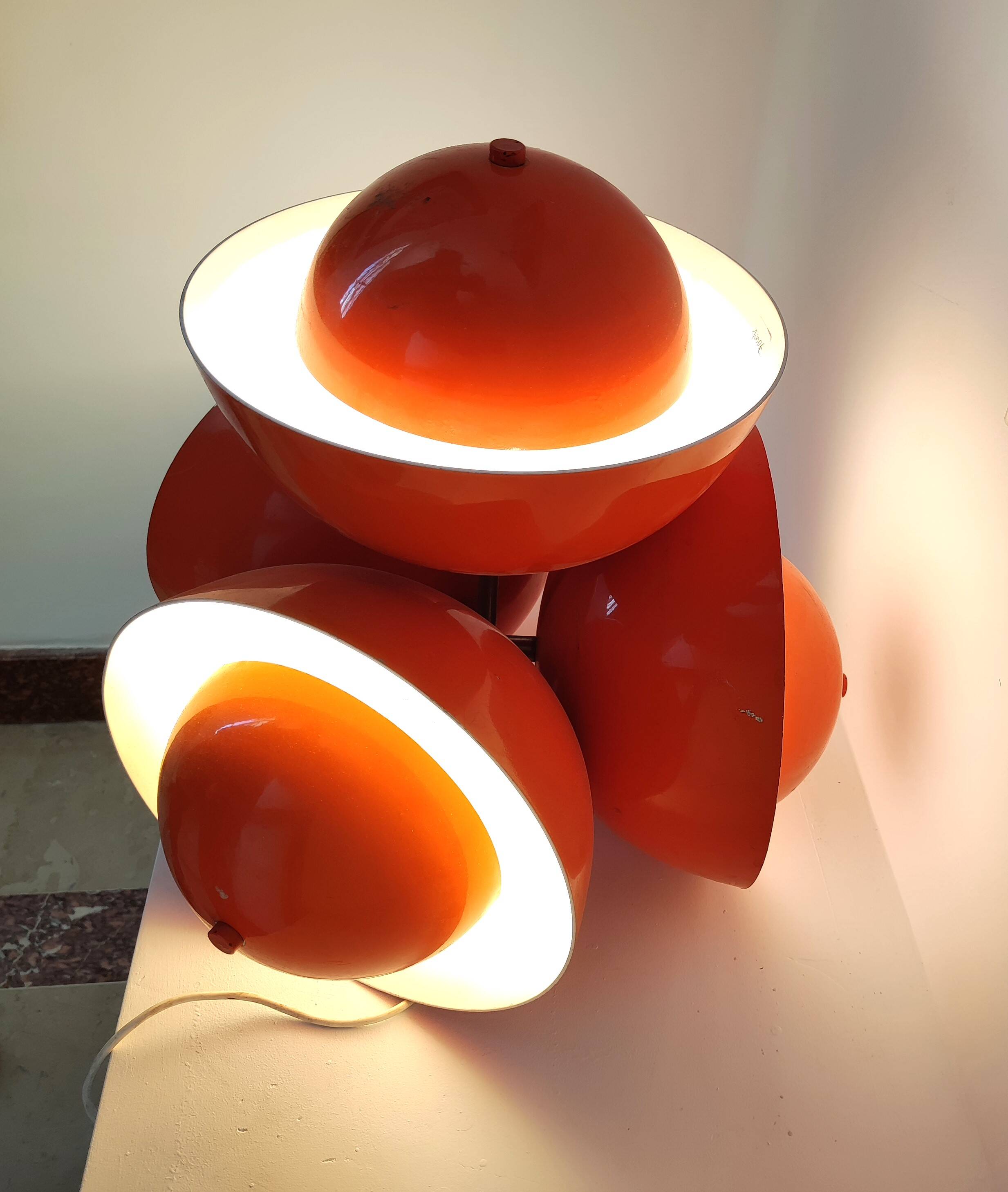 Living room lamp with 4 lights in orange color lacquered metal circa 1970