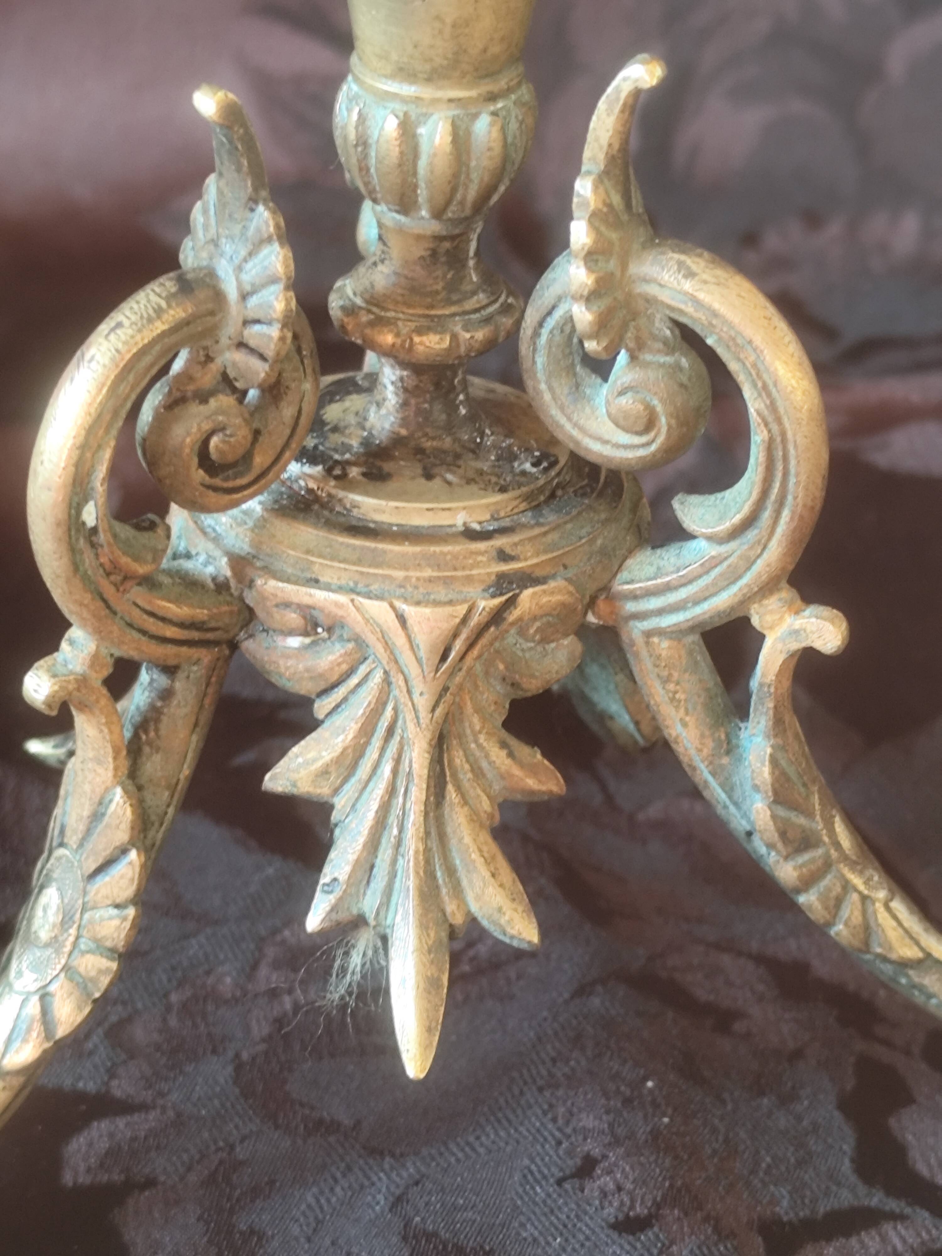 Electrified candlestick lamp, bronze tripod table lamp with goat's feet