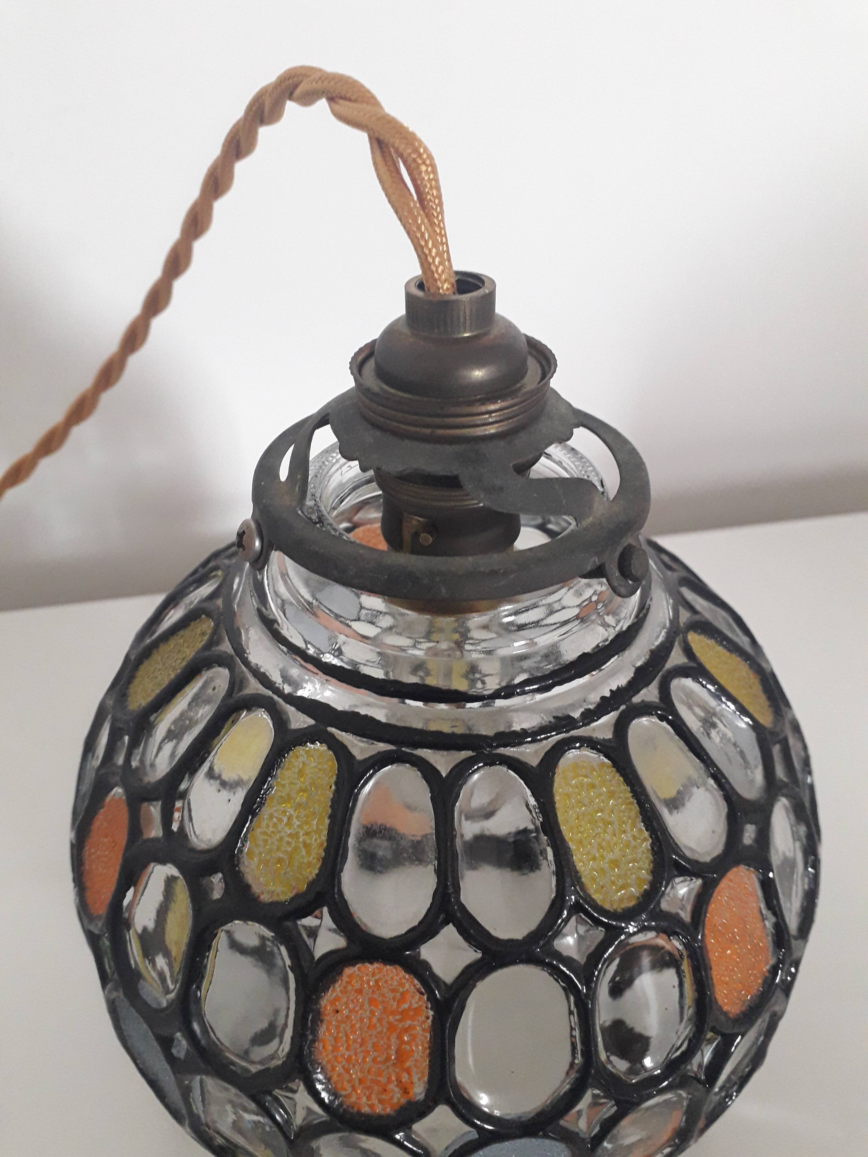 Old art deco pendant lamp - Partitioned and colored glass globe - 1930