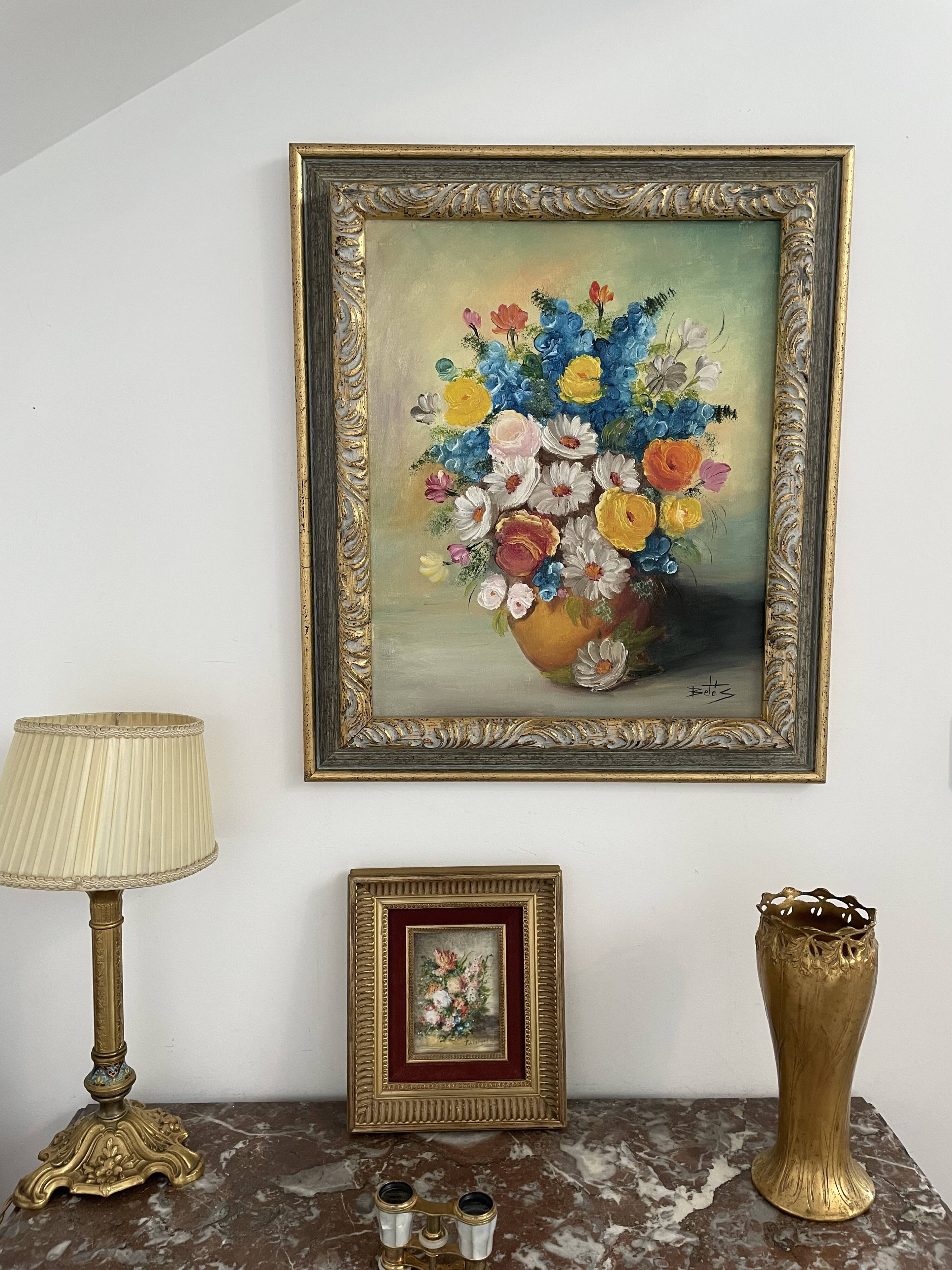 Oil painting, still life with bouquet, flowers, signed betez, floral decor, wooden frame, art