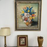 Oil painting, still life with bouquet, flowers, signed betez, floral decor, wooden frame, art