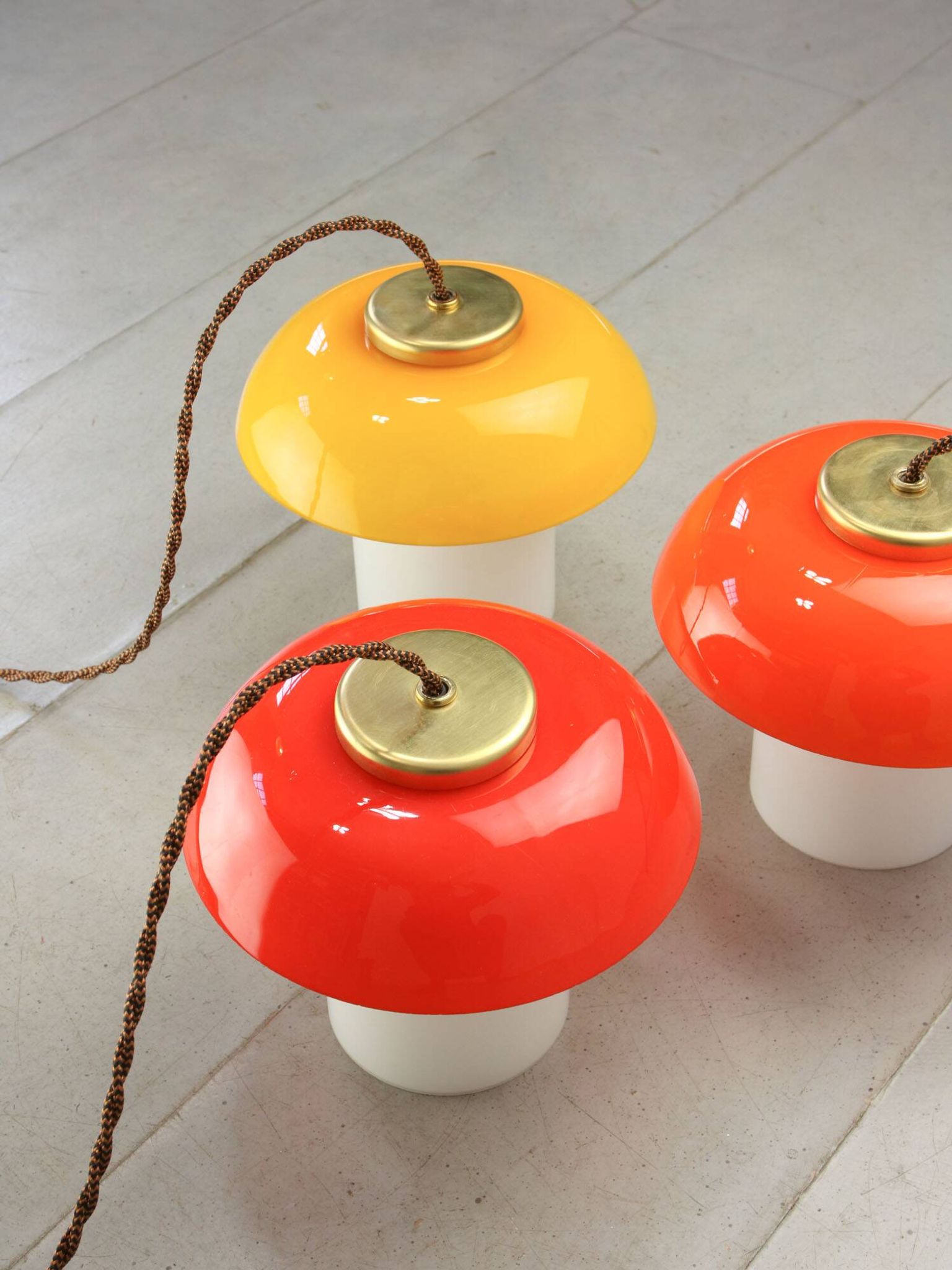 Mid-Century Glass and Brass Mushroom Pendant Lamps, Set of 3