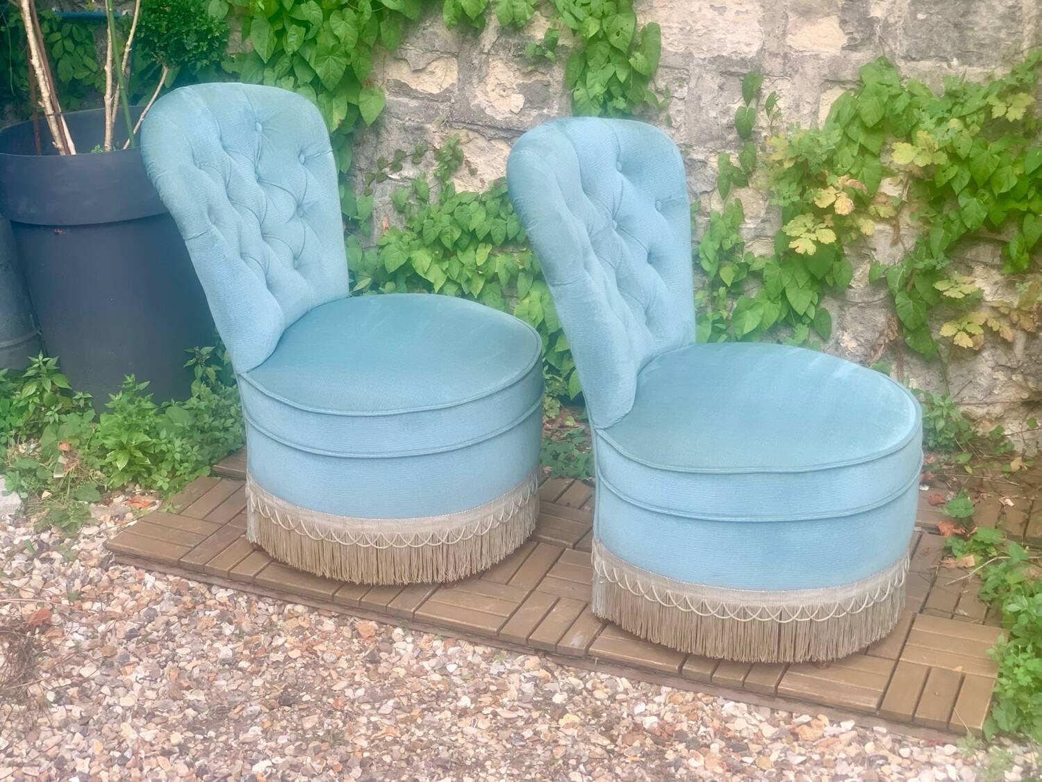 Pair of vintage blue velvet upholstered toad armchairs from the 1970s
