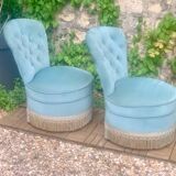 Pair of vintage blue velvet upholstered toad armchairs from the 1970s