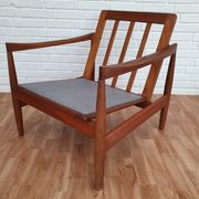A pair of Danish armchairs, teak, wool, leather