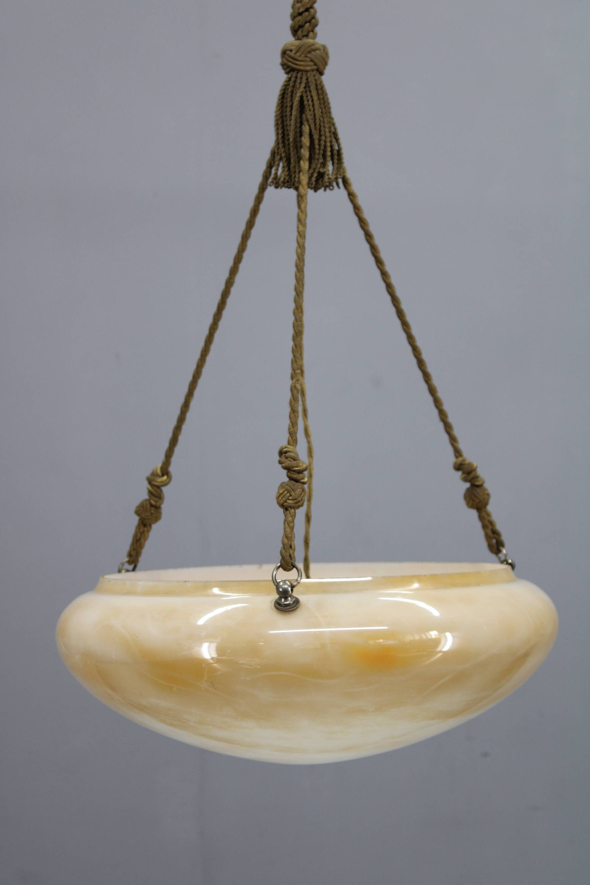 1930s European Secession–Art Deco pendant light with rope suspension and glass