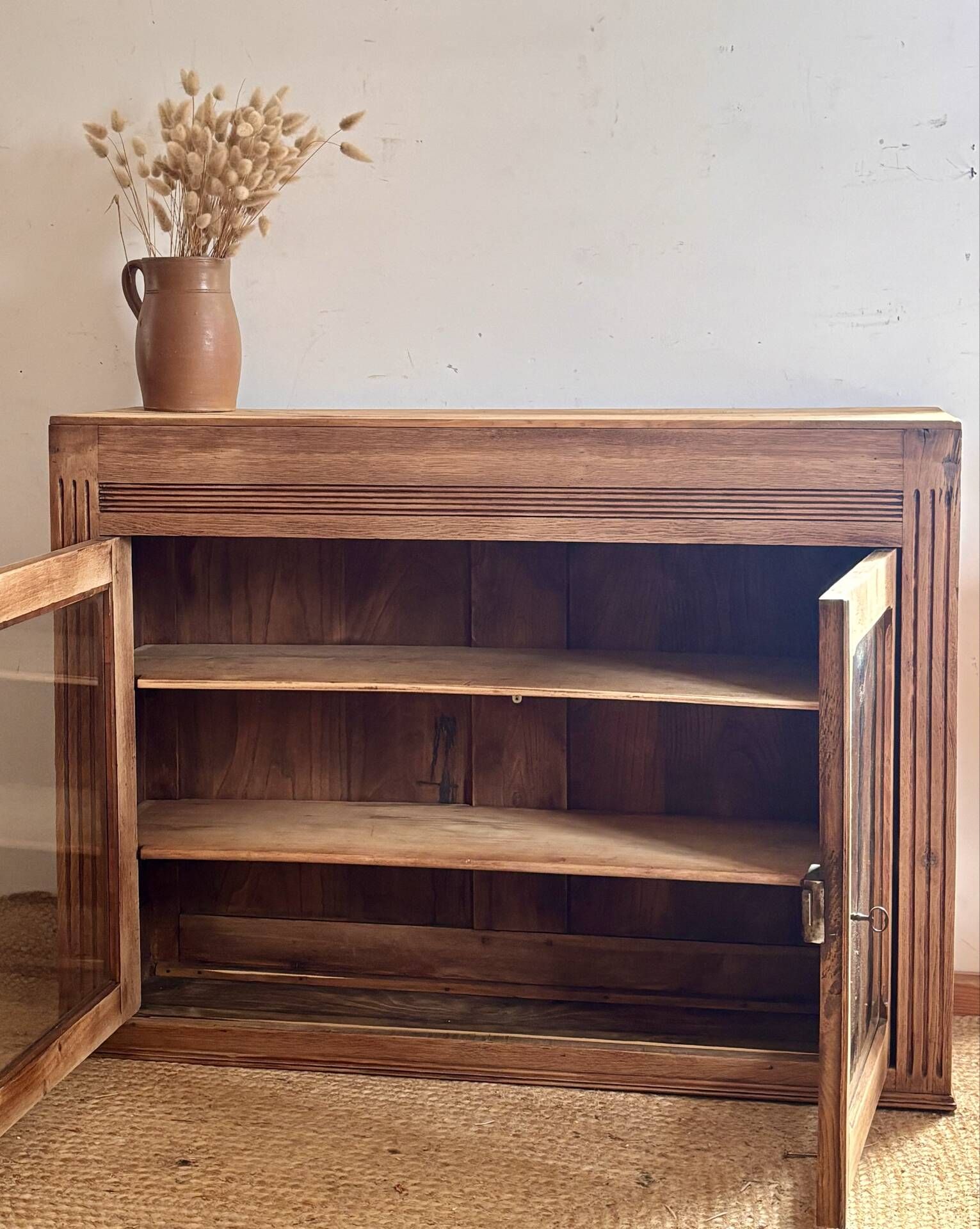 Narrow antique solid wood buffet - glass doors