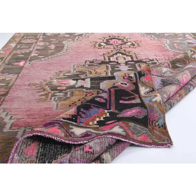Vintage Turkish hand-knotted wool cotton pink area rug 180x475
