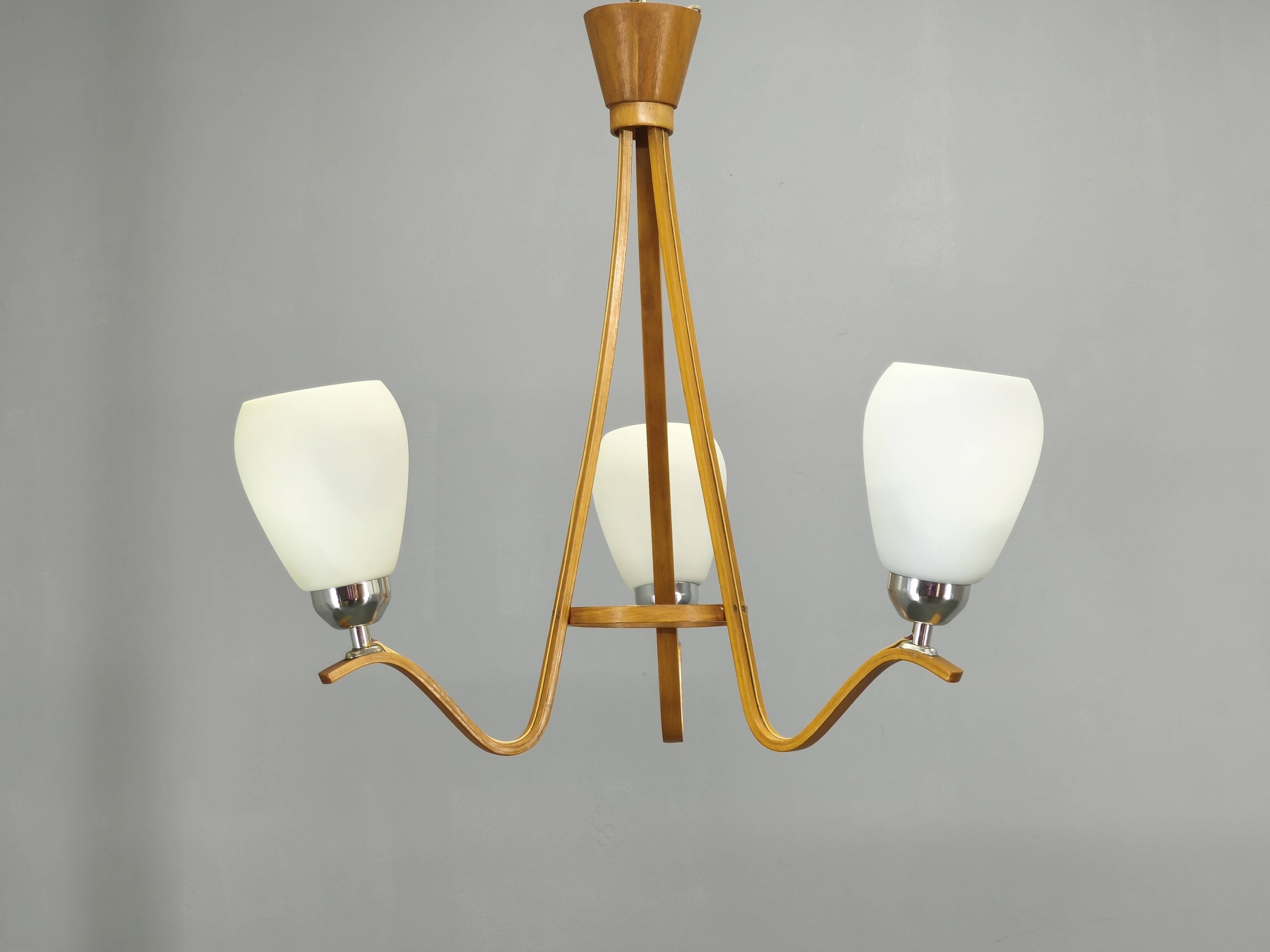 Pair of Czech Mid-Century Wood and Glass Chandeliers by Dřevo Humpolec