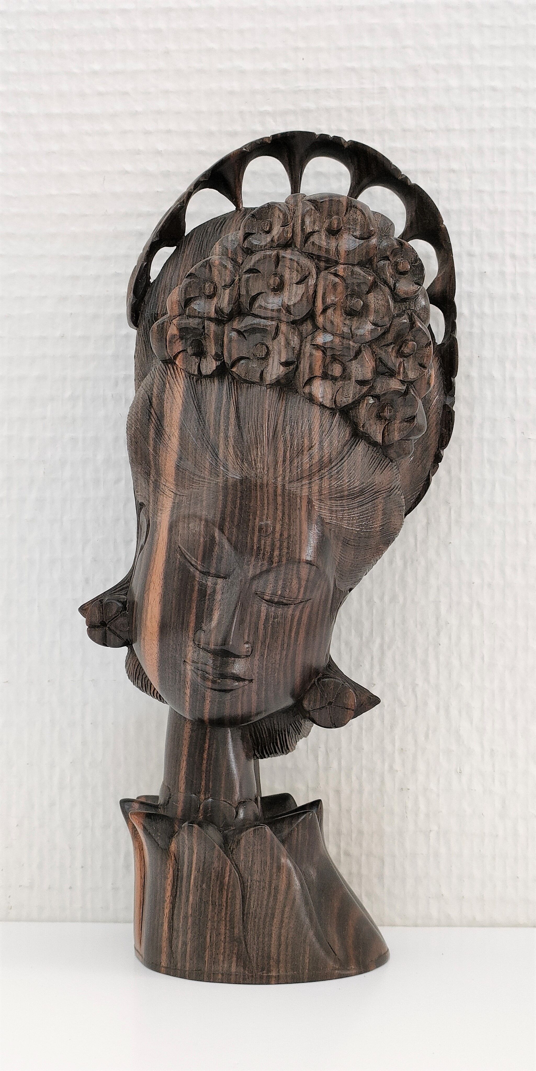 Wooden bust of woman with floral headdress sculptural work of the 60s-70s