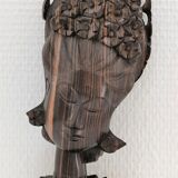 Wooden bust of woman with floral headdress sculptural work of the 60s-70s