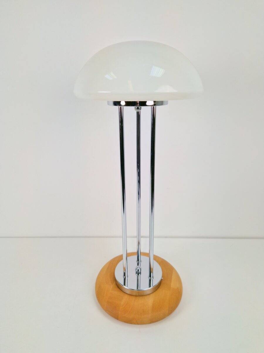 Vintage Mushroom Opaline Glass and Chrome Table Lamp, 1970s