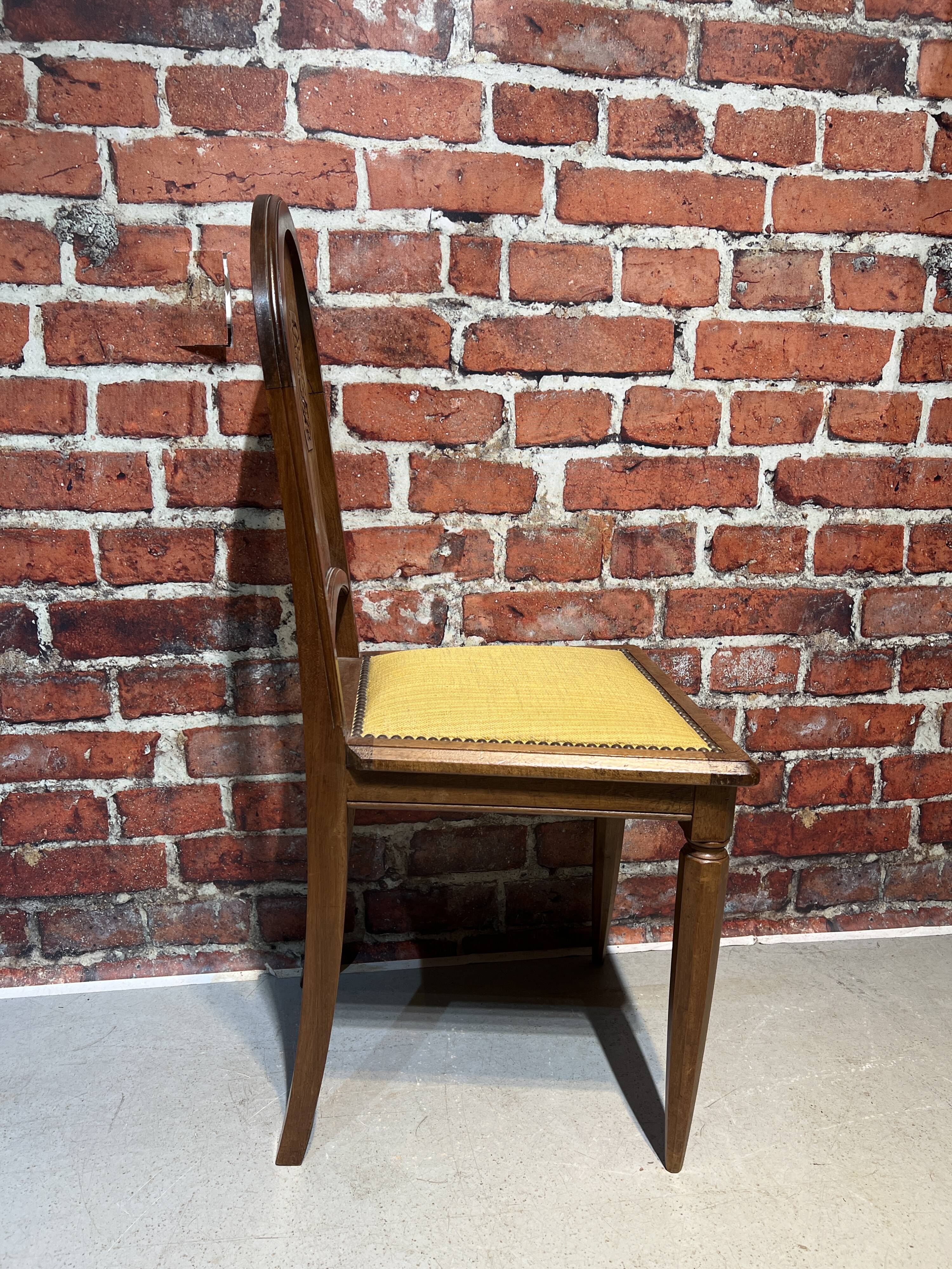 Set of a chair and an armchair in wood and yellow fabric