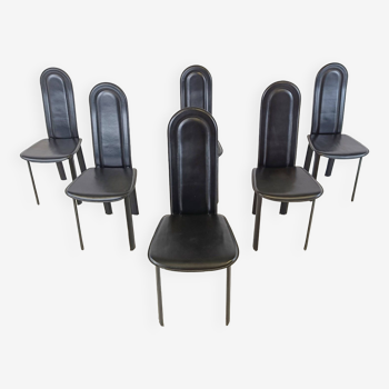 Chaises de salle à manger vintage en cuir noir par Calligaris, lot de 6, 1980