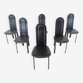 Vintage black leather dining chairs by Calligaris, set of 6, 1980s