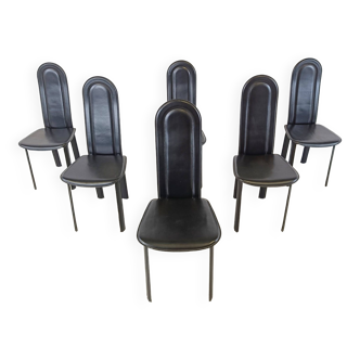 Vintage black leather dining chairs by Calligaris, set of 6, 1980s