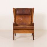 Fauteuil danois vintage en cuir de buffle, style Børge Mogensen, années 1960.