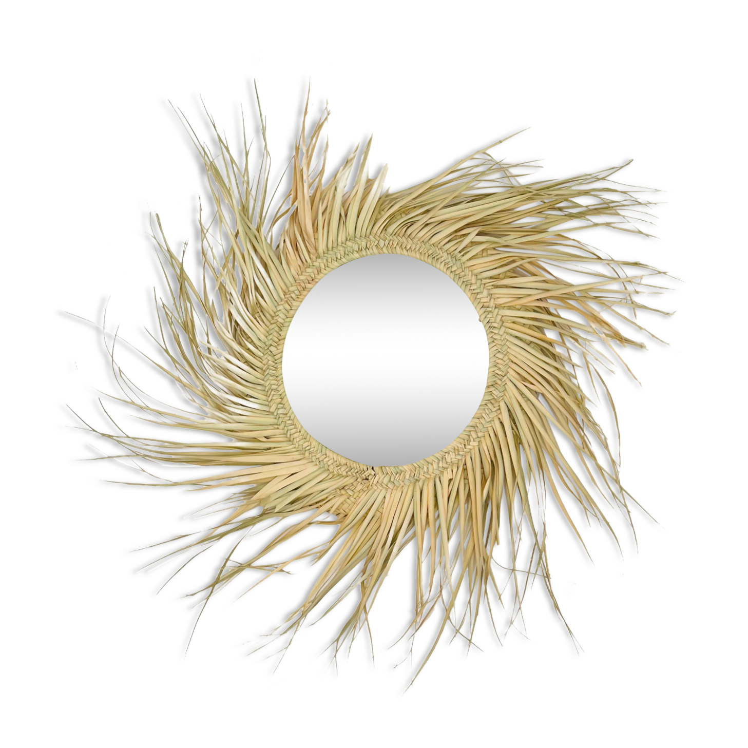 Round straw mirror with fringe, 80cm