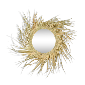 Round straw mirror with fringe, 80cm