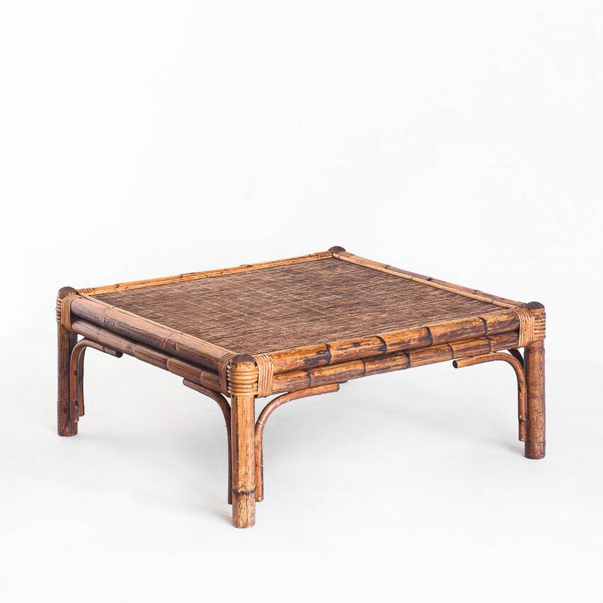 Vintage rattan and cane coffee table. France, 1970s