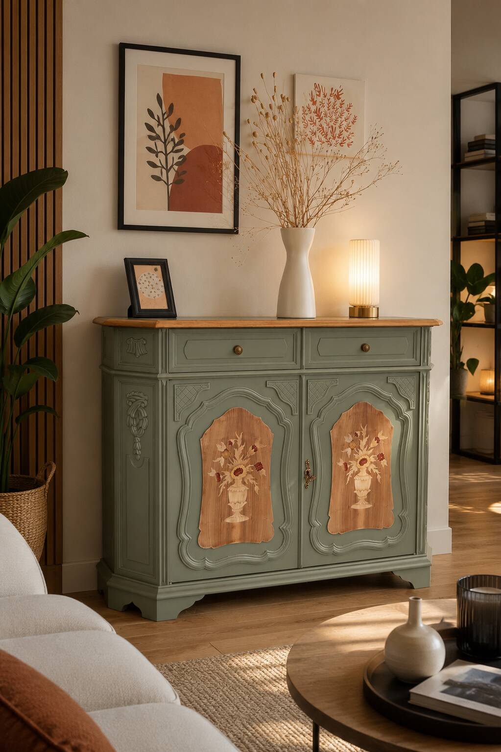 GREEN BRONZE AND WOOD BUFFET WITH MARQUETRY