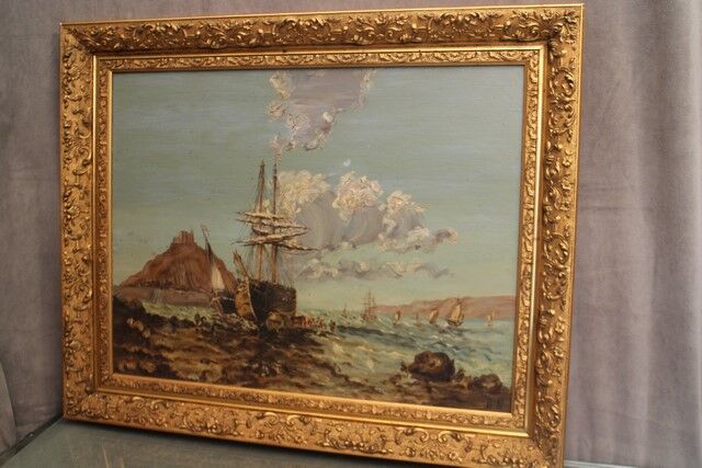 Large oil painting on canvas marine late 19th "the berthing of the sailboat"