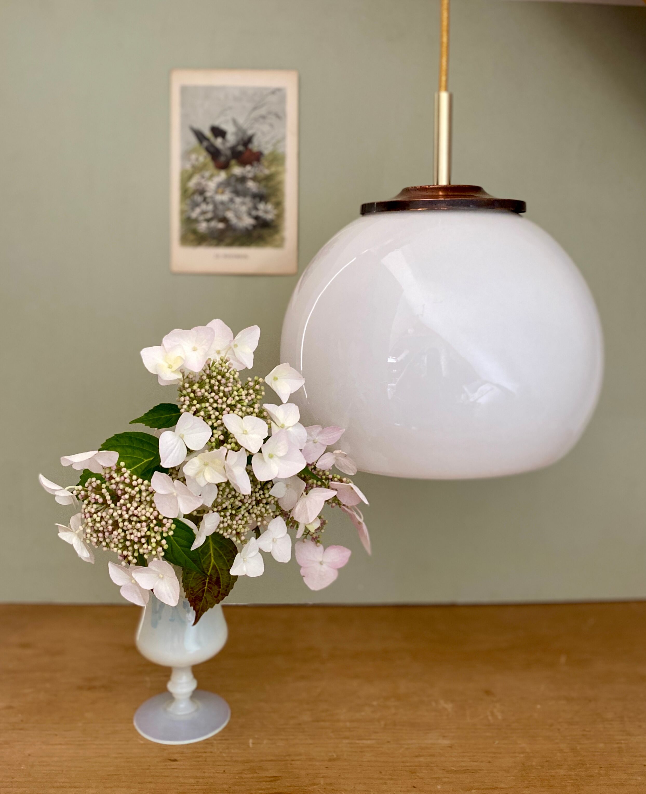 Vintage globe pendant lamp in white opaline