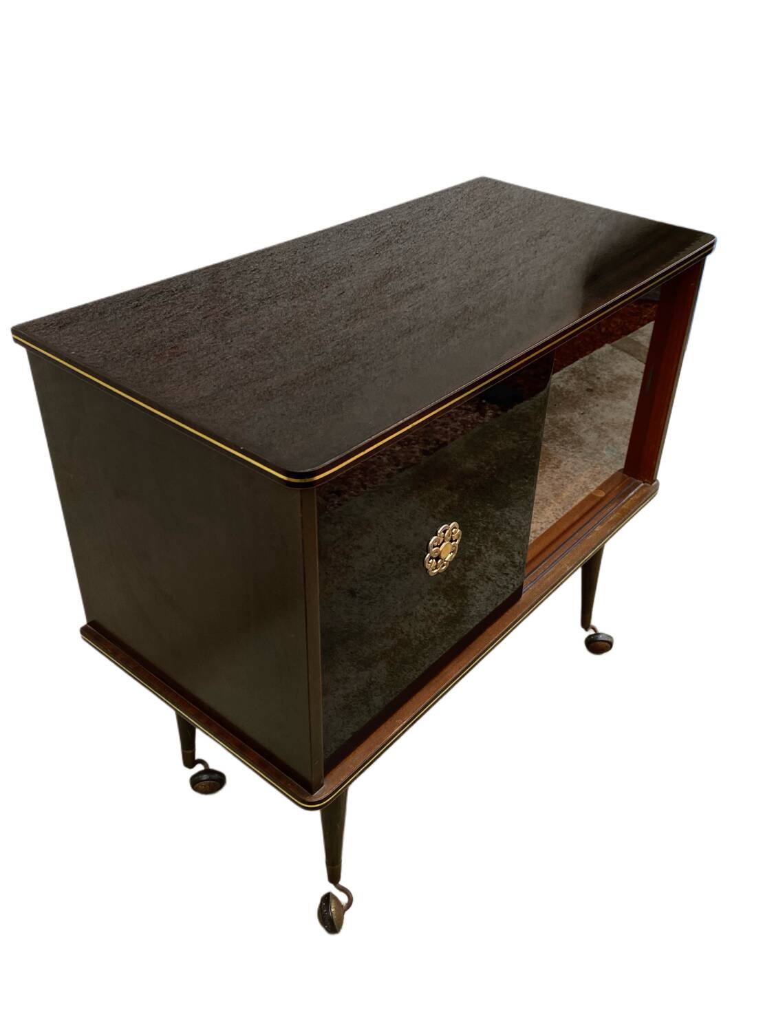 Vintage display bar cabinet on wheels from the 60s/70s.