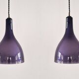 Set of 2 purple and white glass pendant lamps, 1960's / 1970's