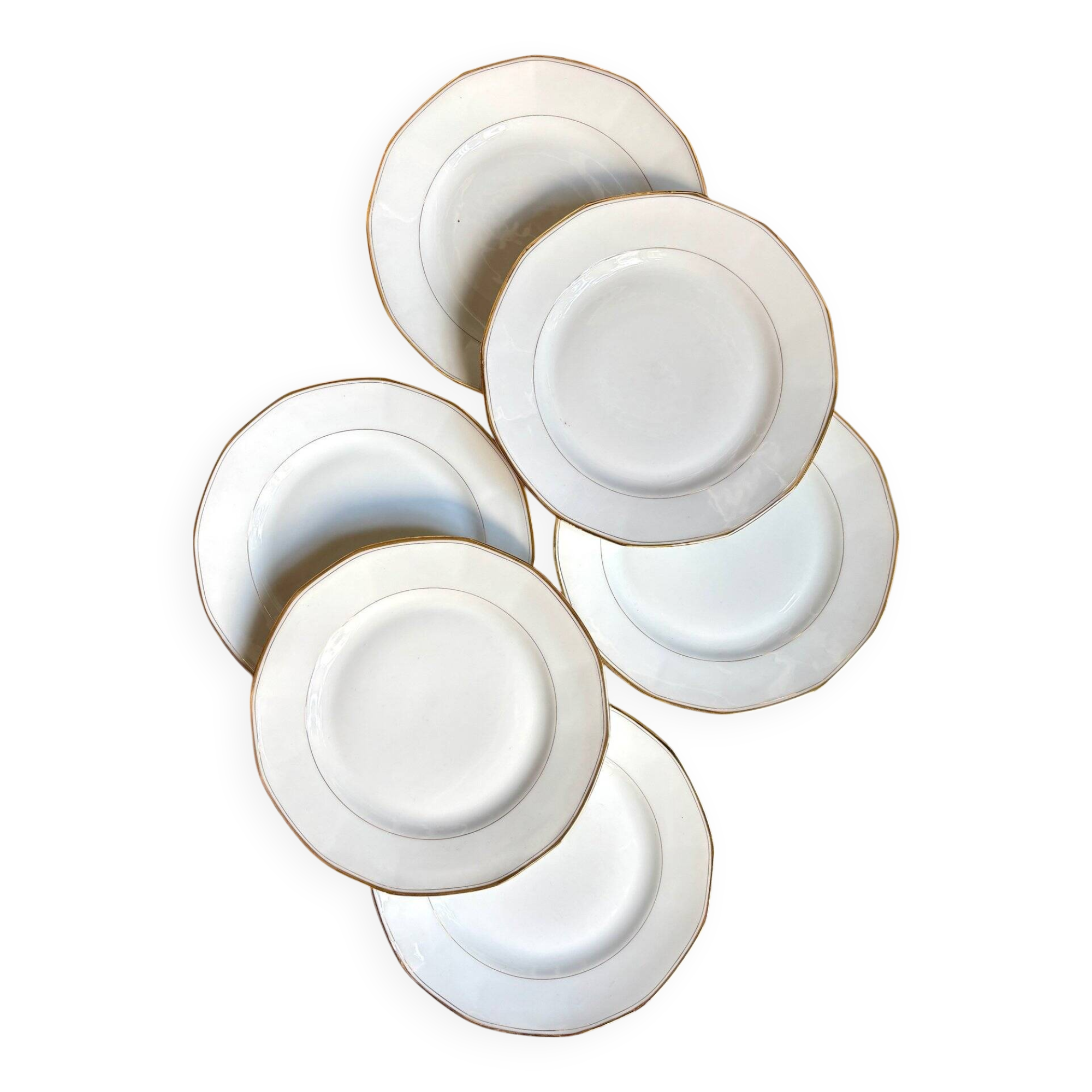 6 CBCie white and gold porcelain dinner plates