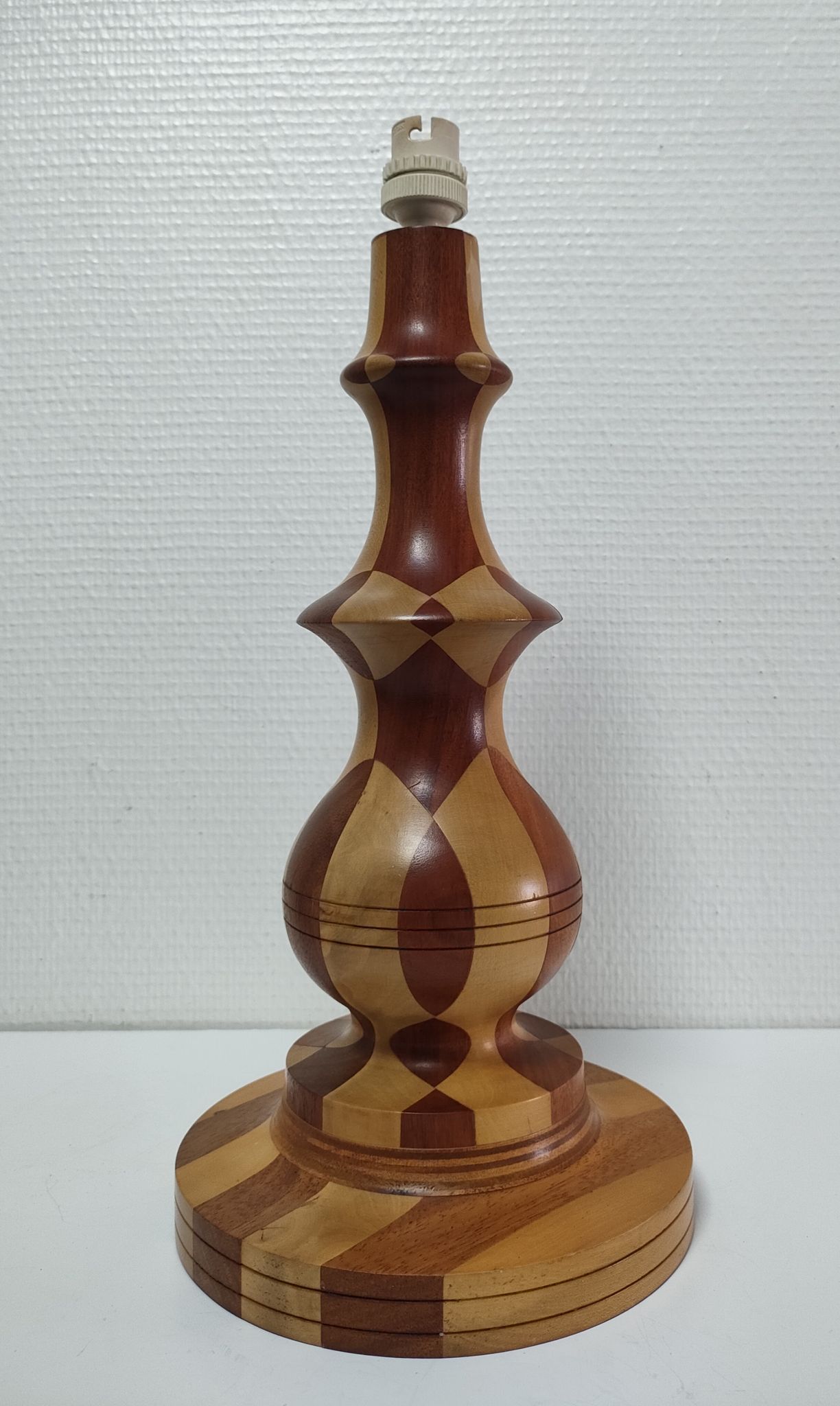 Turned wooden lamp and vintage wood inlay