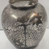 Vase ancien émaillé argent?- art nouveau - décor fourni chat, écureuil, oiseau