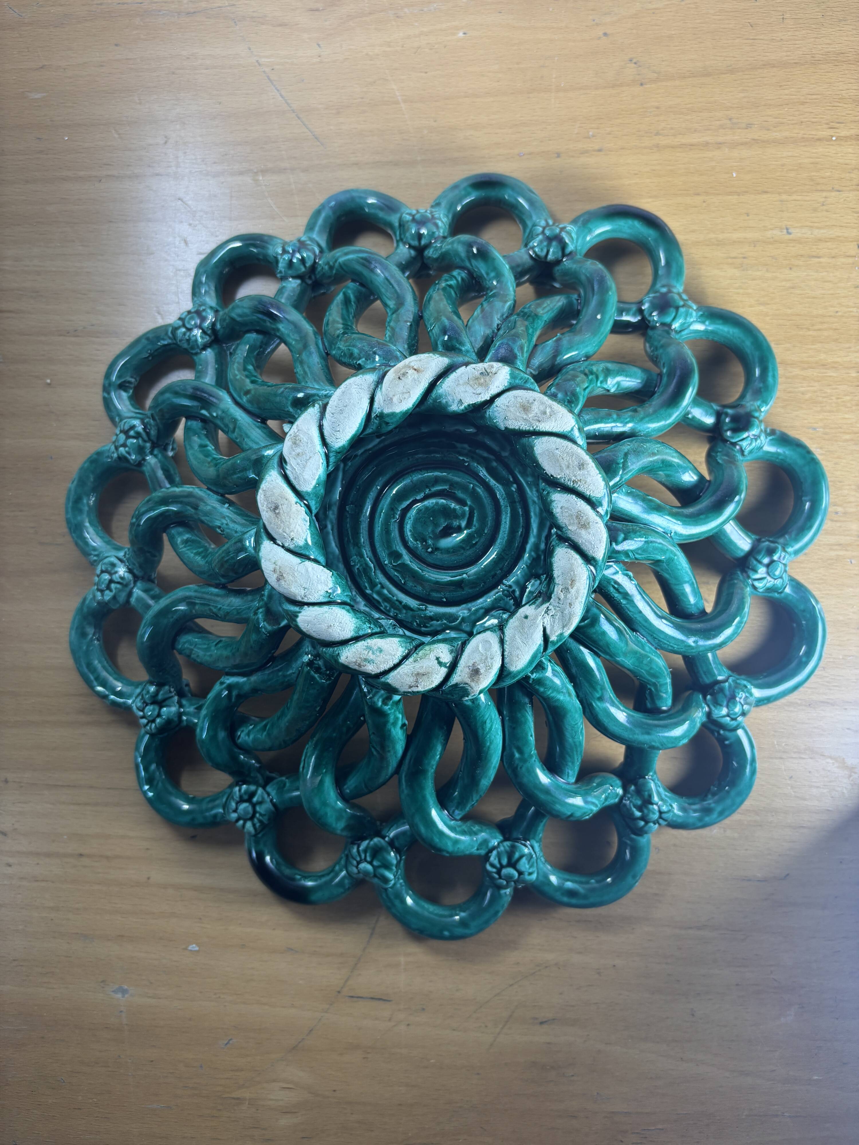 Openwork green ceramic bowl from Vallauris, 1950s.